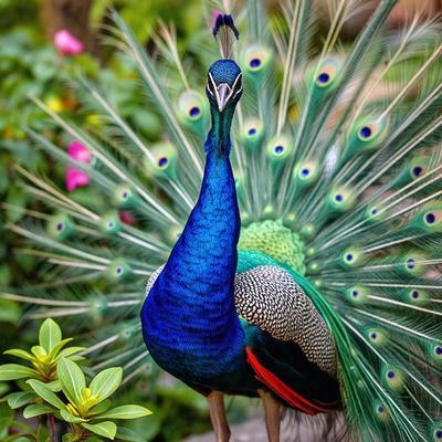 The primary subject of the image is a peacock, which is standing in a garden setting. The peacock is prominently displayed in the foreground, with its vibrant blue and green feathers creating a striking visual effect. The setting includes a variety of plants and flowers, adding to the natural and serene atmosphere of the scene. The overall visual style of the image is a combination of photo and digital art, creating a realistic yet artistic representation of the peacock in its natural environment.